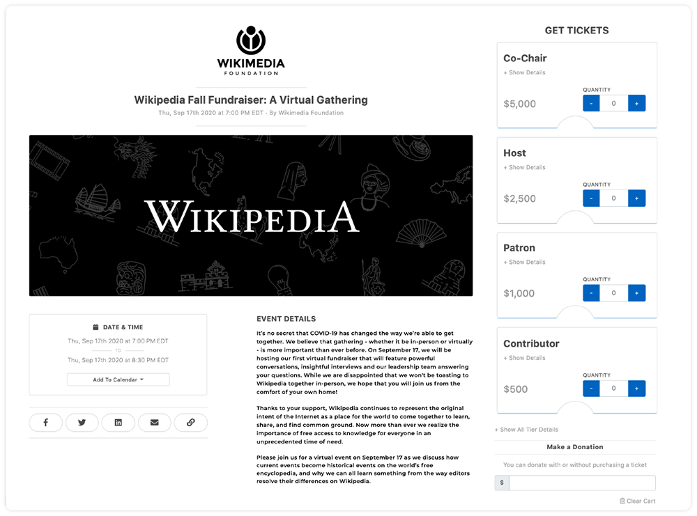 Wikimedia Foundation Event Ticketing page "Fall Fundraising: a virtual gathering"