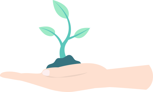 An illustrations of a hand holding small amount of soil with a small plant growing out of it.
