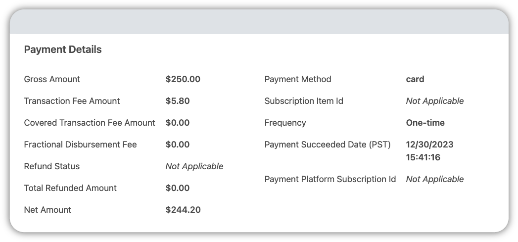 A screenshot of the "Payment Details" section of the on-screen data reports expanded view.